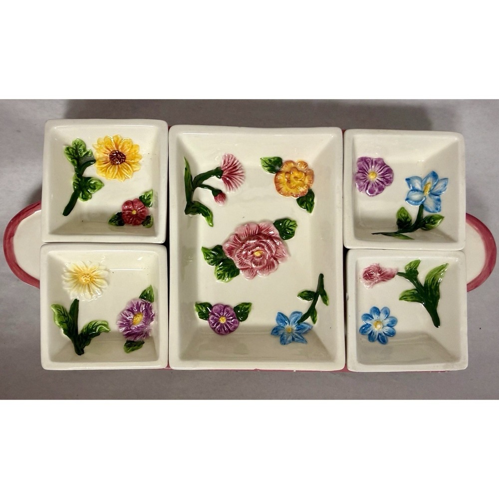 Rare VTG  1999 Debco Floral Ceramic 5 Bowl Serving Tray Platter Set Unused